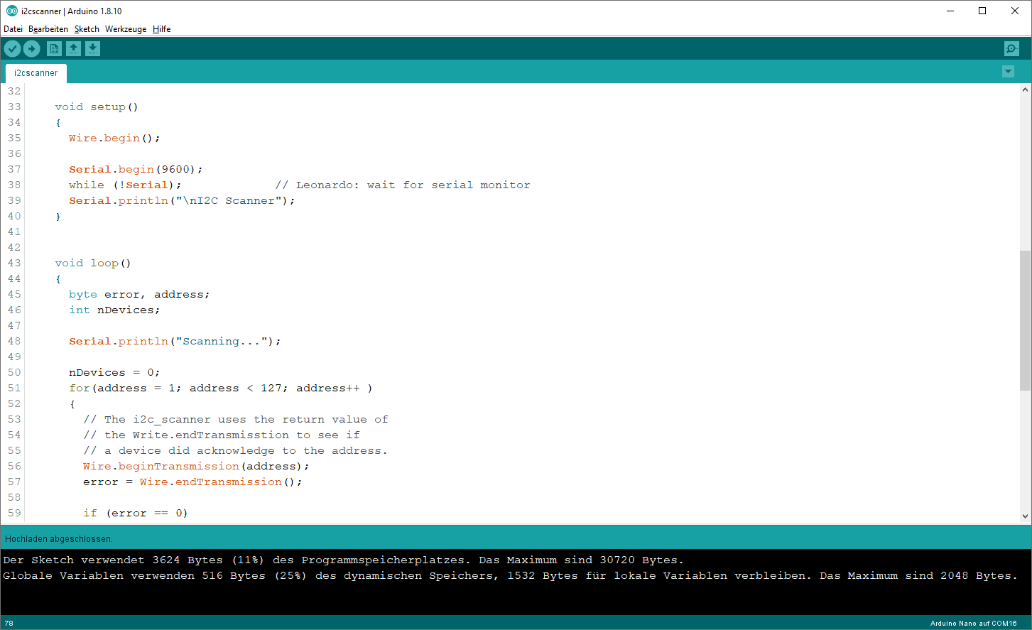 Arduino i2c Adressen herausfinden IDE Code
